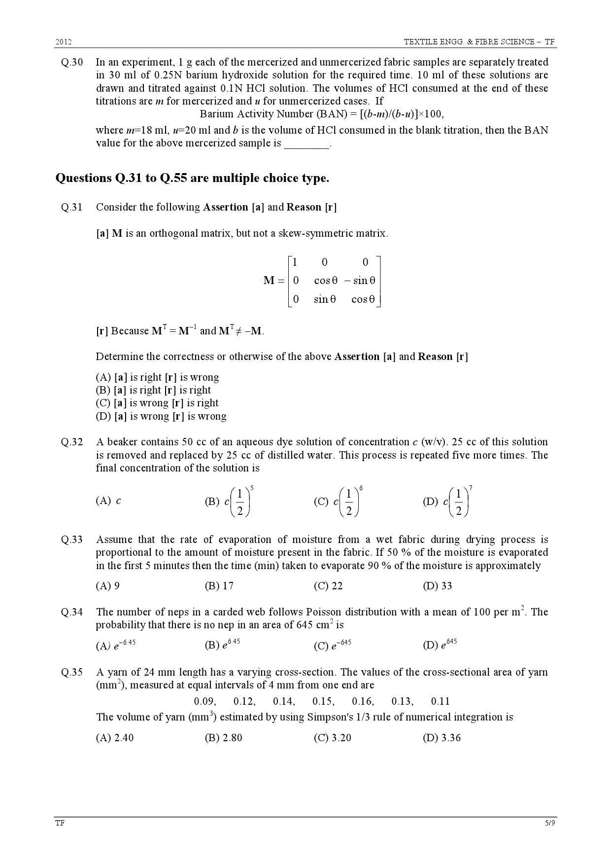 GATE Exam Question Paper 2012 Textile Engineering and Fibre Science 5