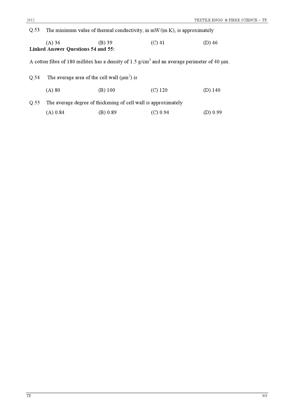 GATE Exam Question Paper 2012 Textile Engineering and Fibre Science 9