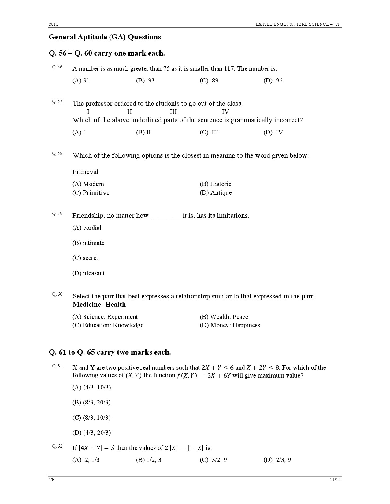 GATE Exam Question Paper 2013 Textile Engineering and Fibre Science 11