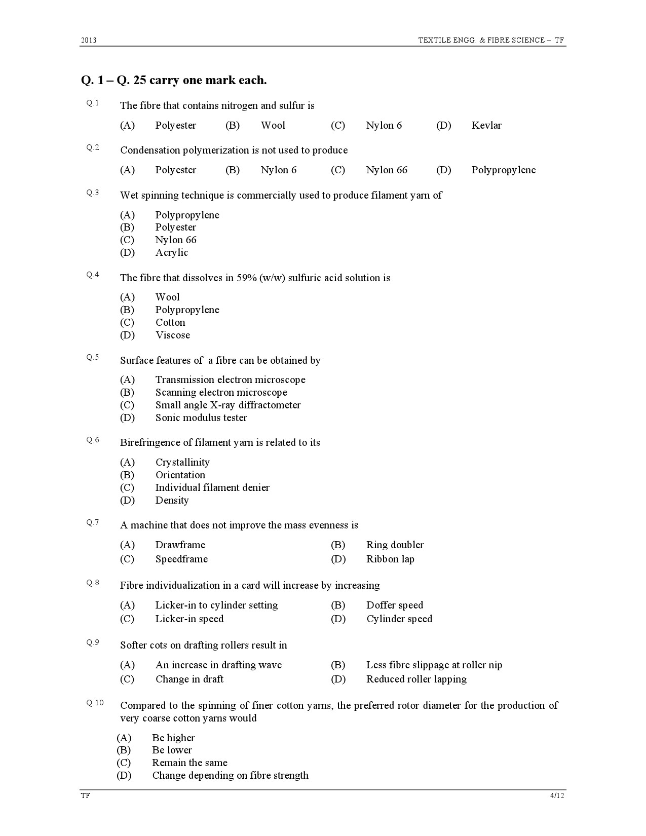 GATE Exam Question Paper 2013 Textile Engineering and Fibre Science 4