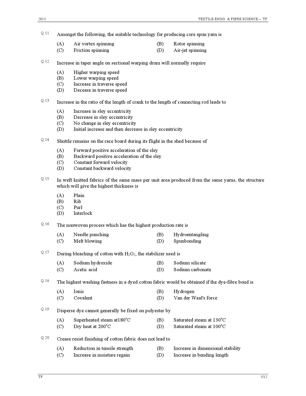 GATE Exam Question Paper 2013 Textile Engineering and Fibre Science 5