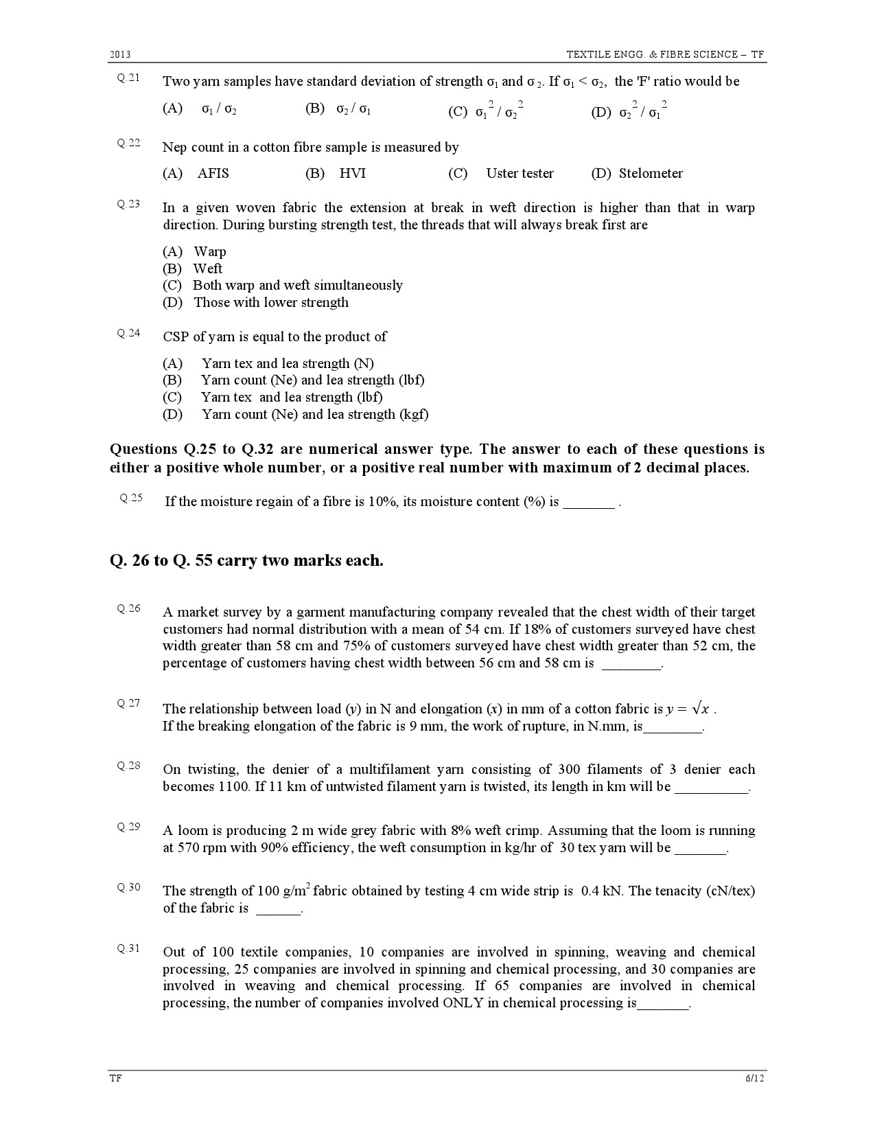 GATE Exam Question Paper 2013 Textile Engineering and Fibre Science 6
