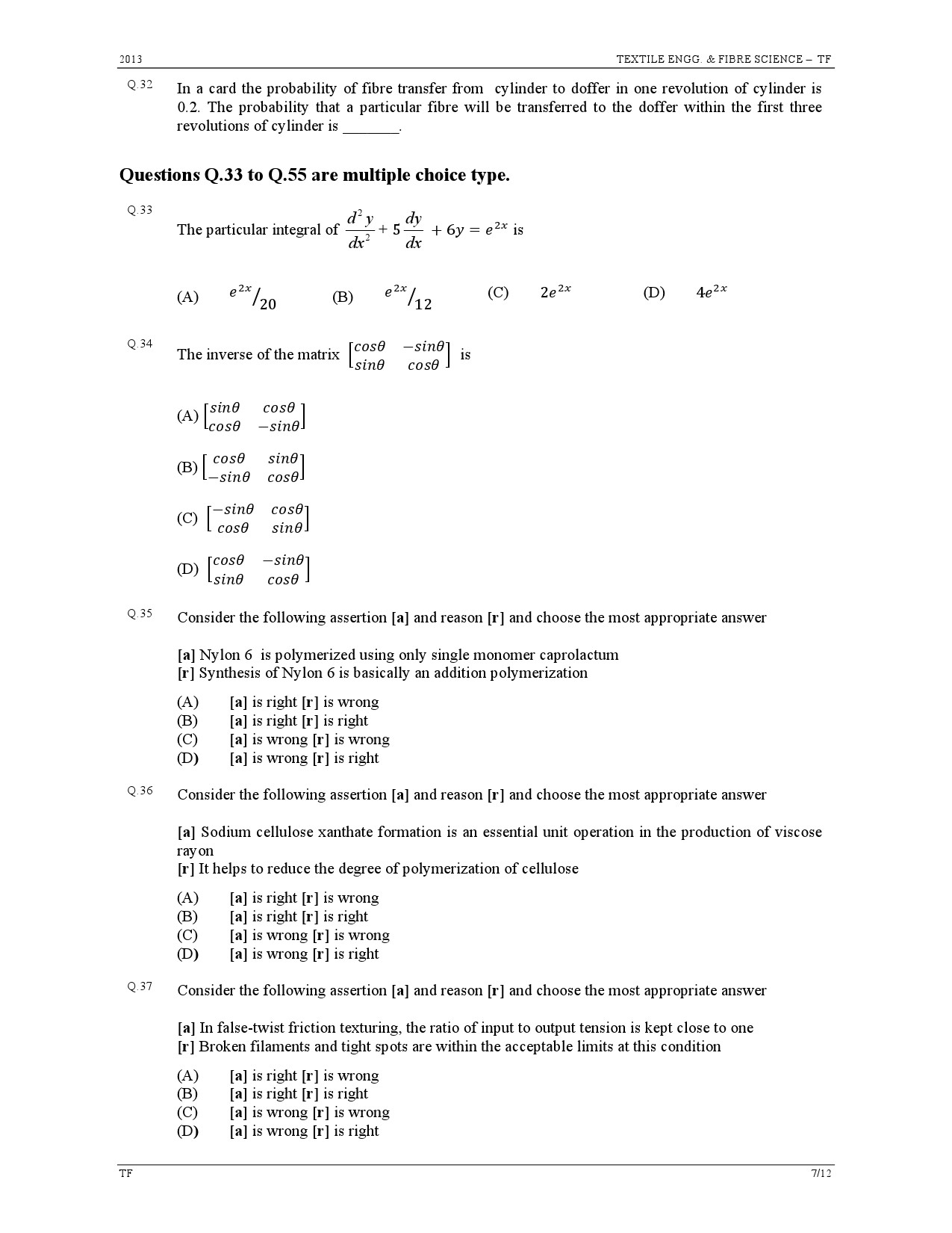 GATE Exam Question Paper 2013 Textile Engineering and Fibre Science 7