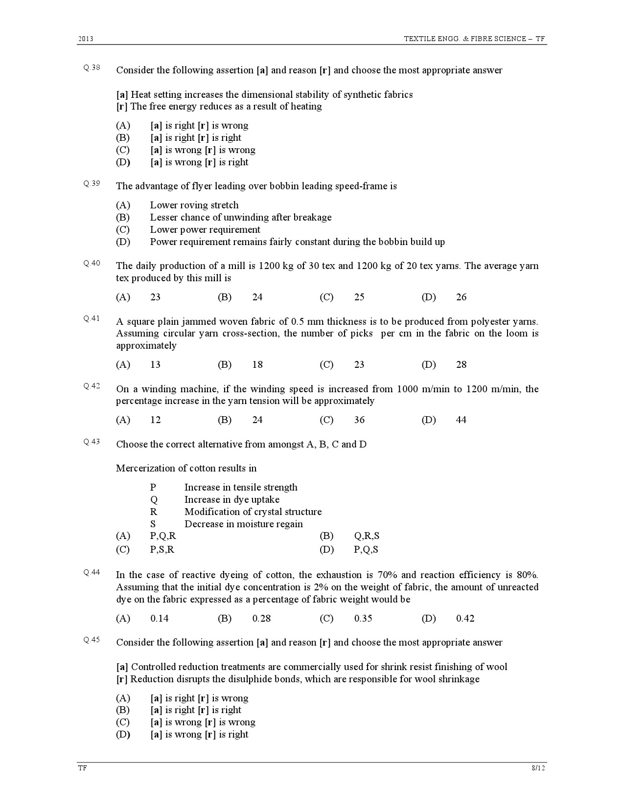 GATE Exam Question Paper 2013 Textile Engineering and Fibre Science 8