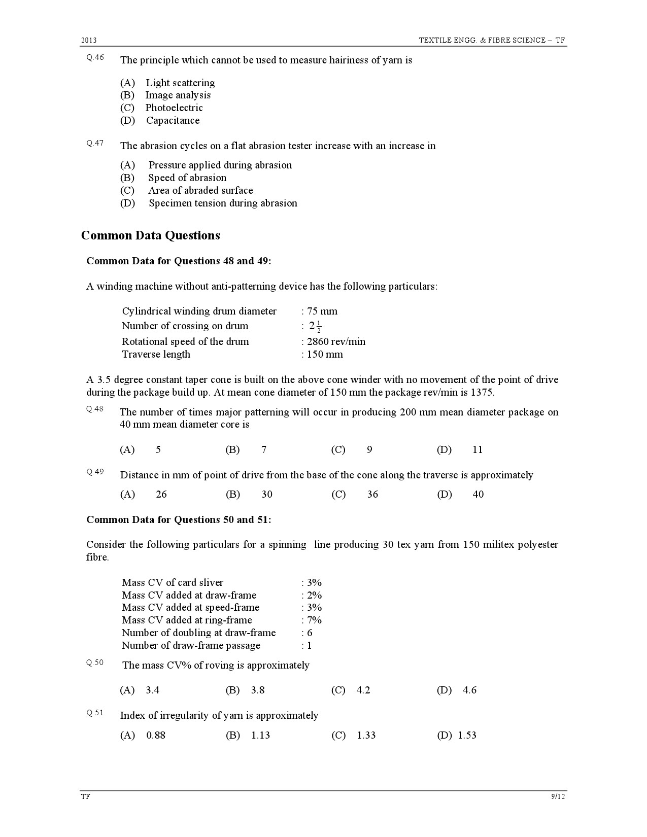 GATE Exam Question Paper 2013 Textile Engineering and Fibre Science 9