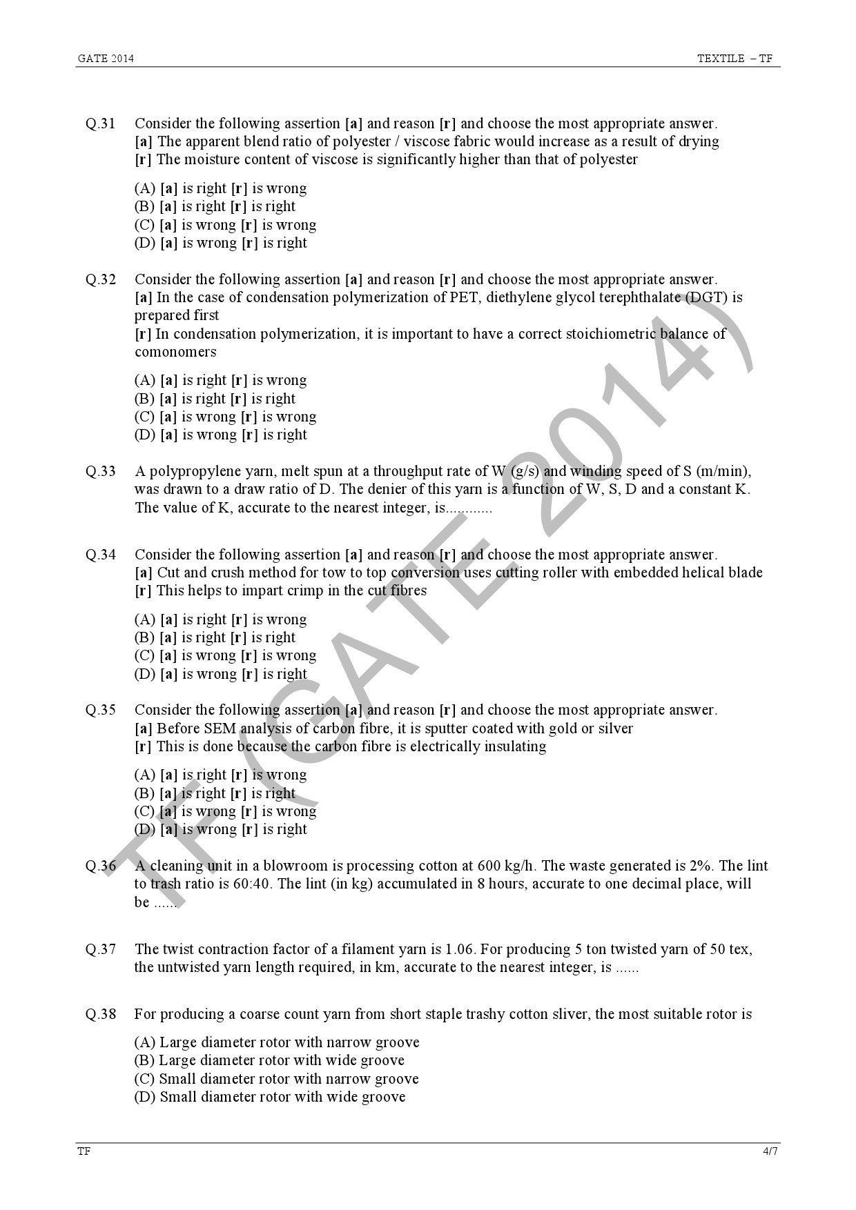 GATE Exam Question Paper 2014 Textile Engineering and Fibre Science 10