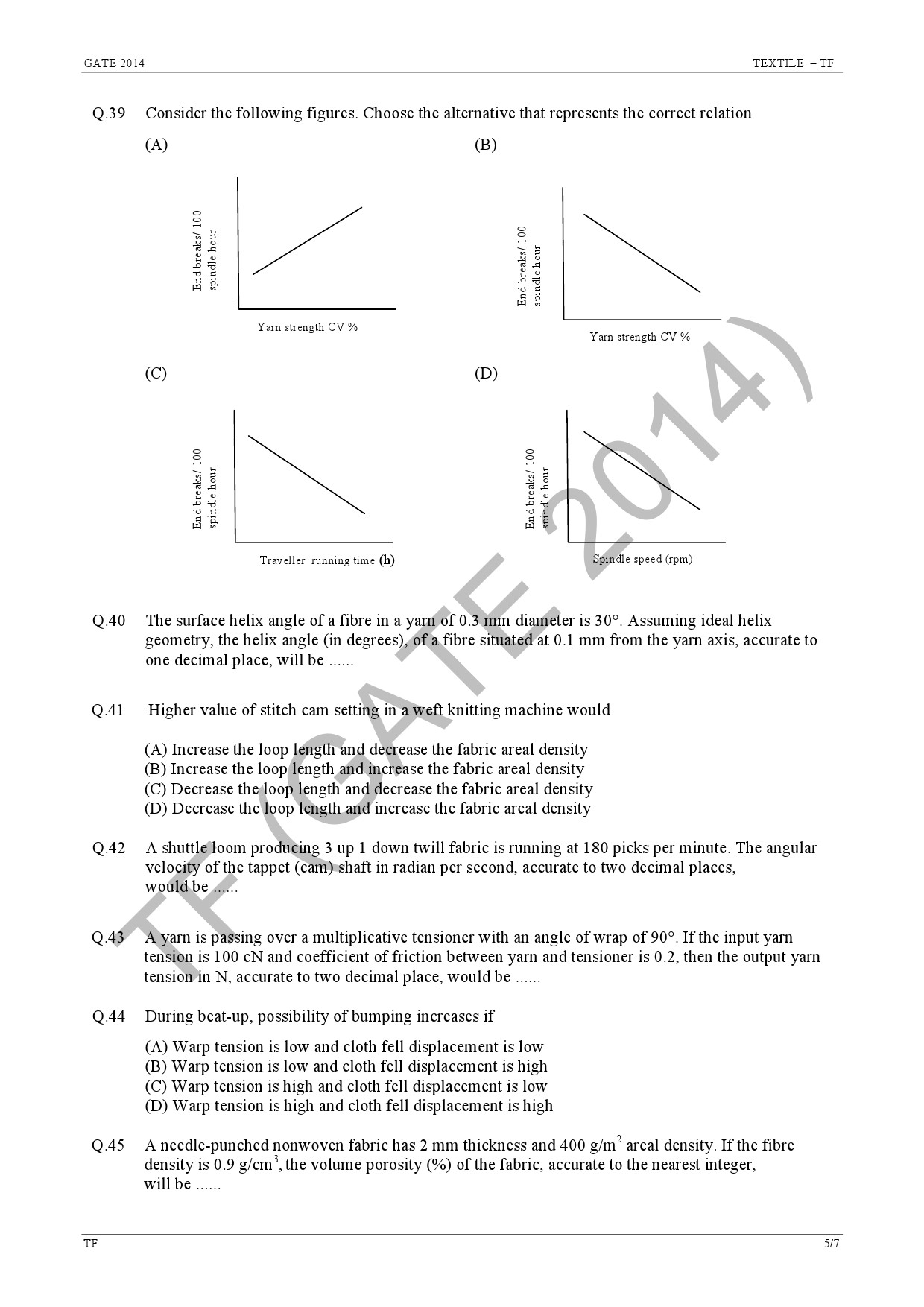 GATE Exam Question Paper 2014 Textile Engineering and Fibre Science 11