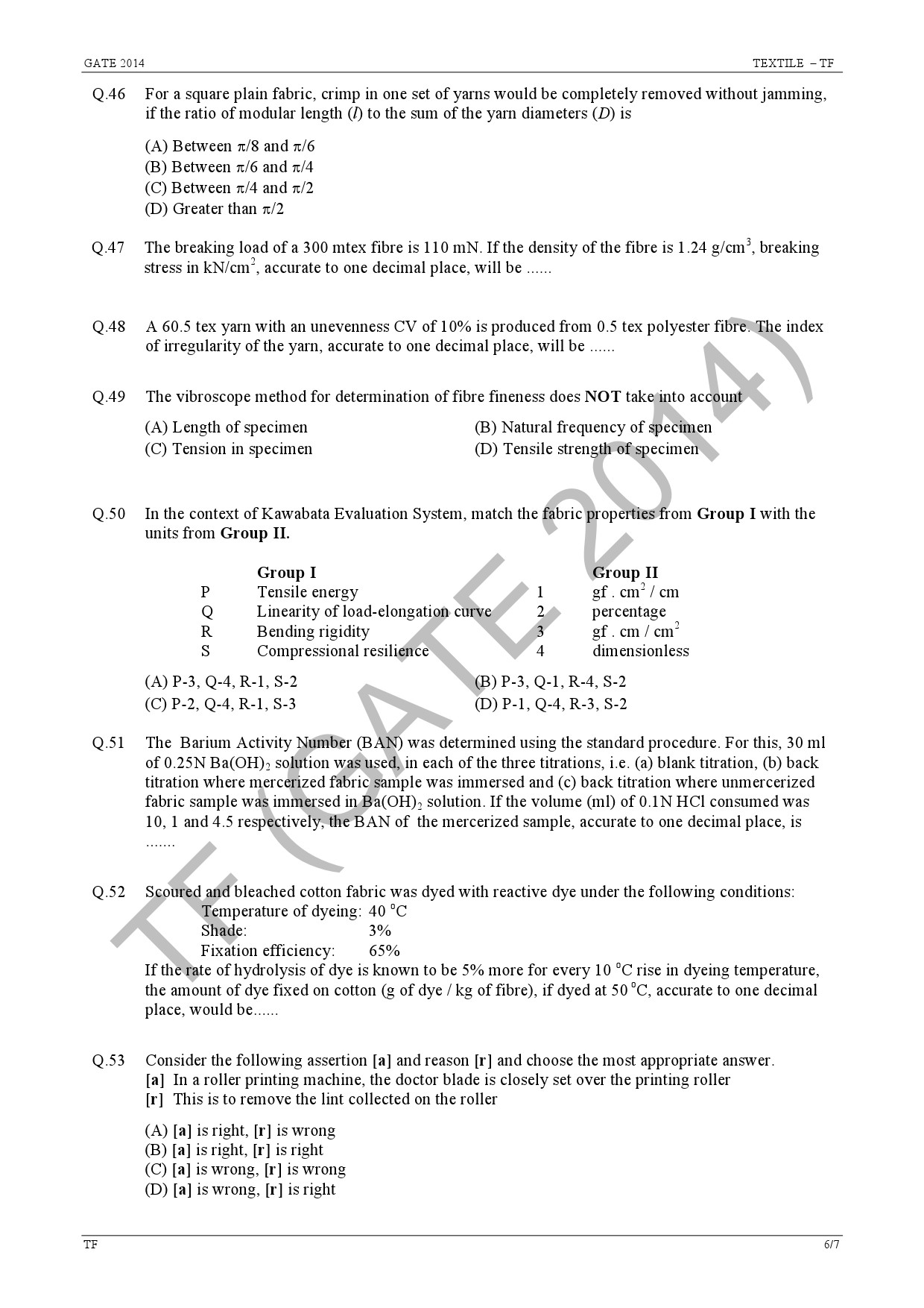 GATE Exam Question Paper 2014 Textile Engineering and Fibre Science 12
