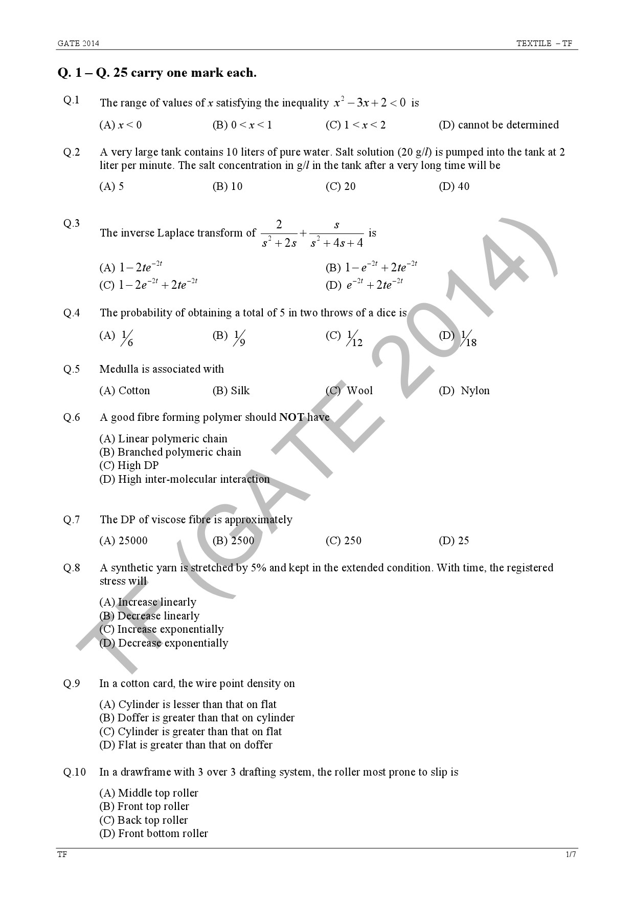 GATE Exam Question Paper 2014 Textile Engineering and Fibre Science 7