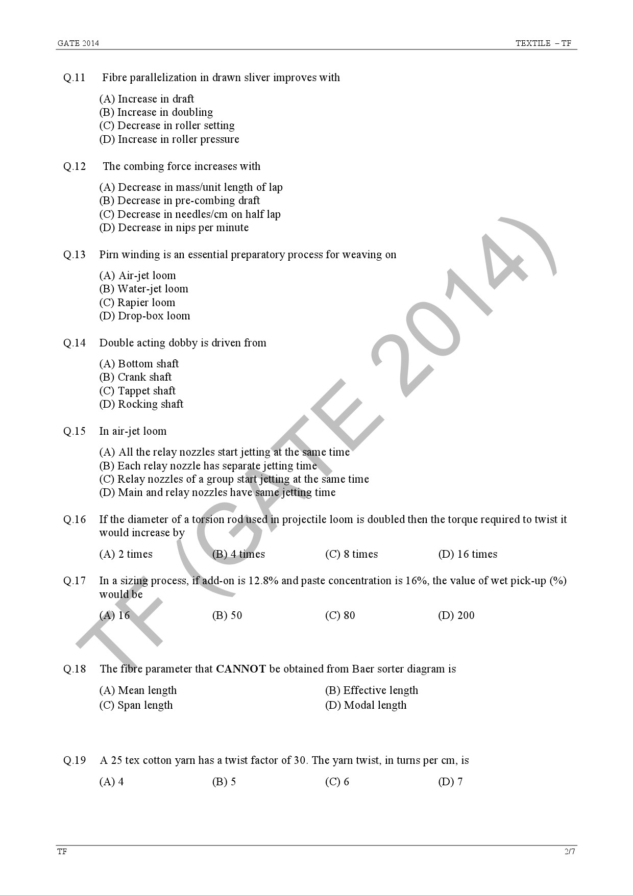 GATE Exam Question Paper 2014 Textile Engineering and Fibre Science 8