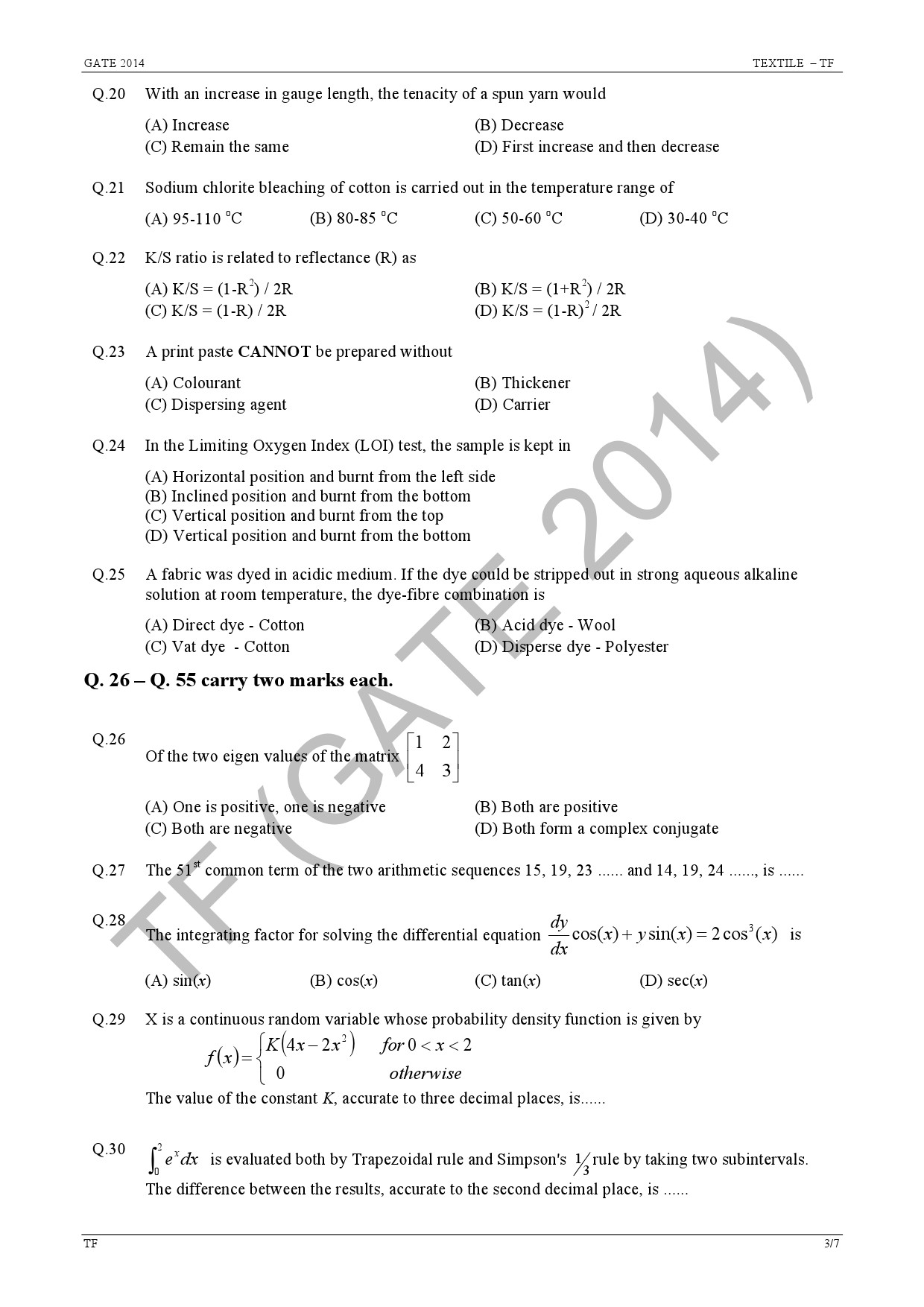 GATE Exam Question Paper 2014 Textile Engineering and Fibre Science 9