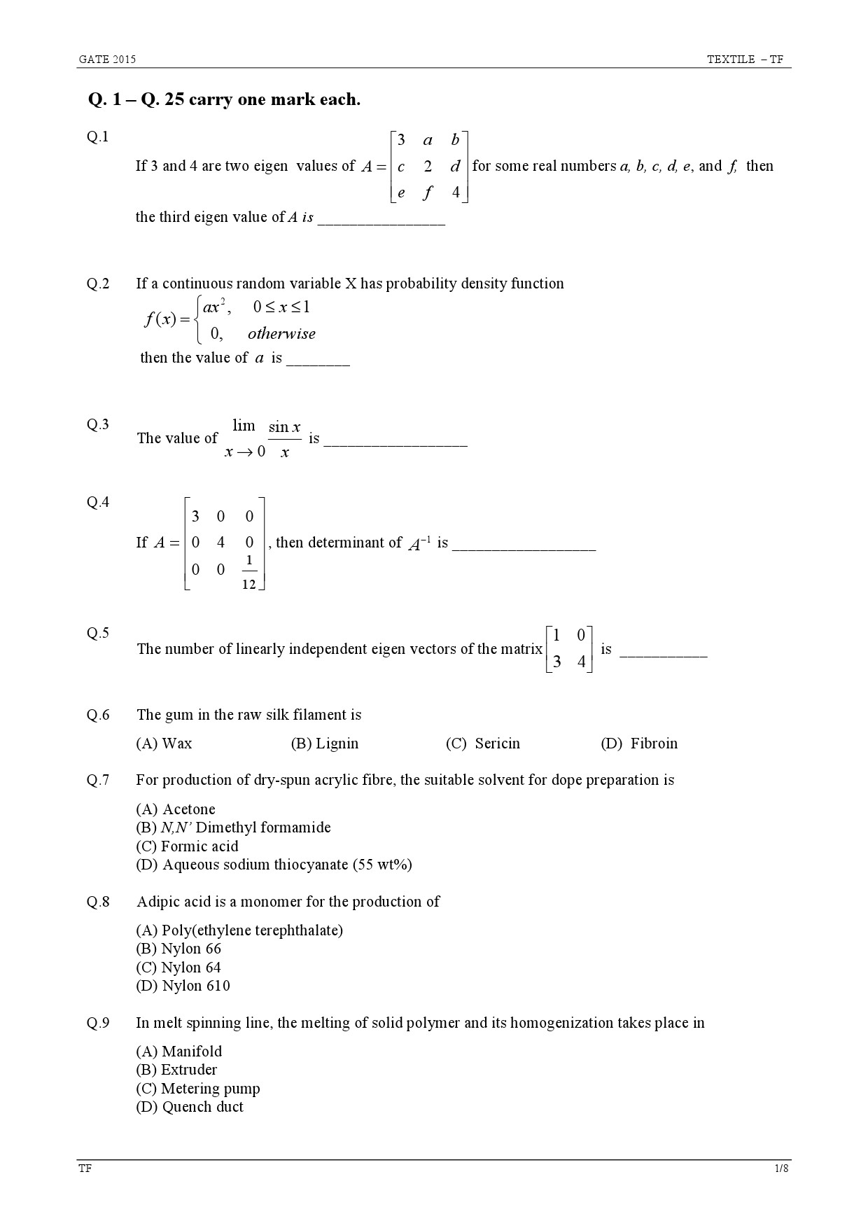 GATE Exam Question Paper 2015 Textile Engineering and Fibre Science 1