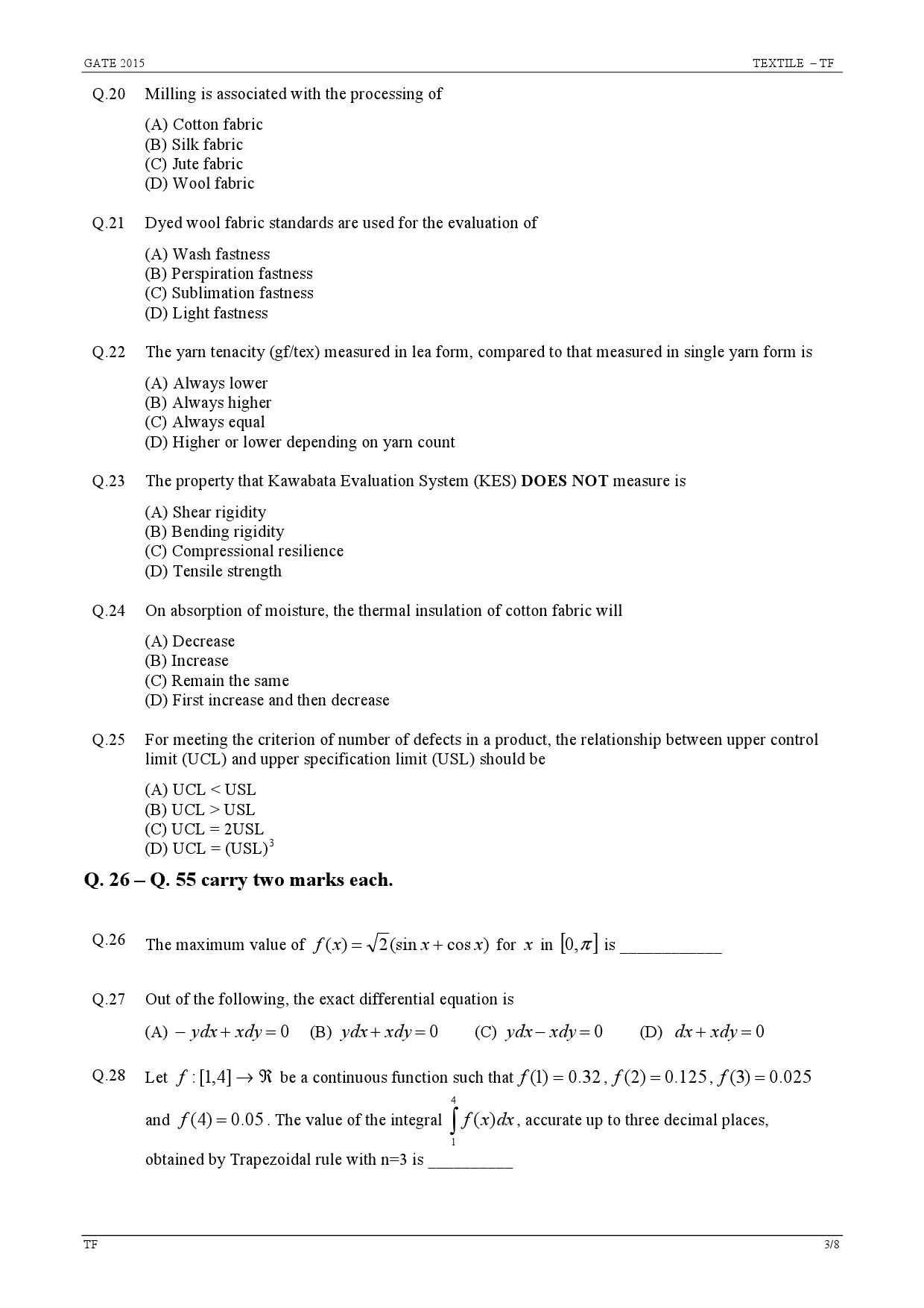 GATE Exam Question Paper 2015 Textile Engineering and Fibre Science 3