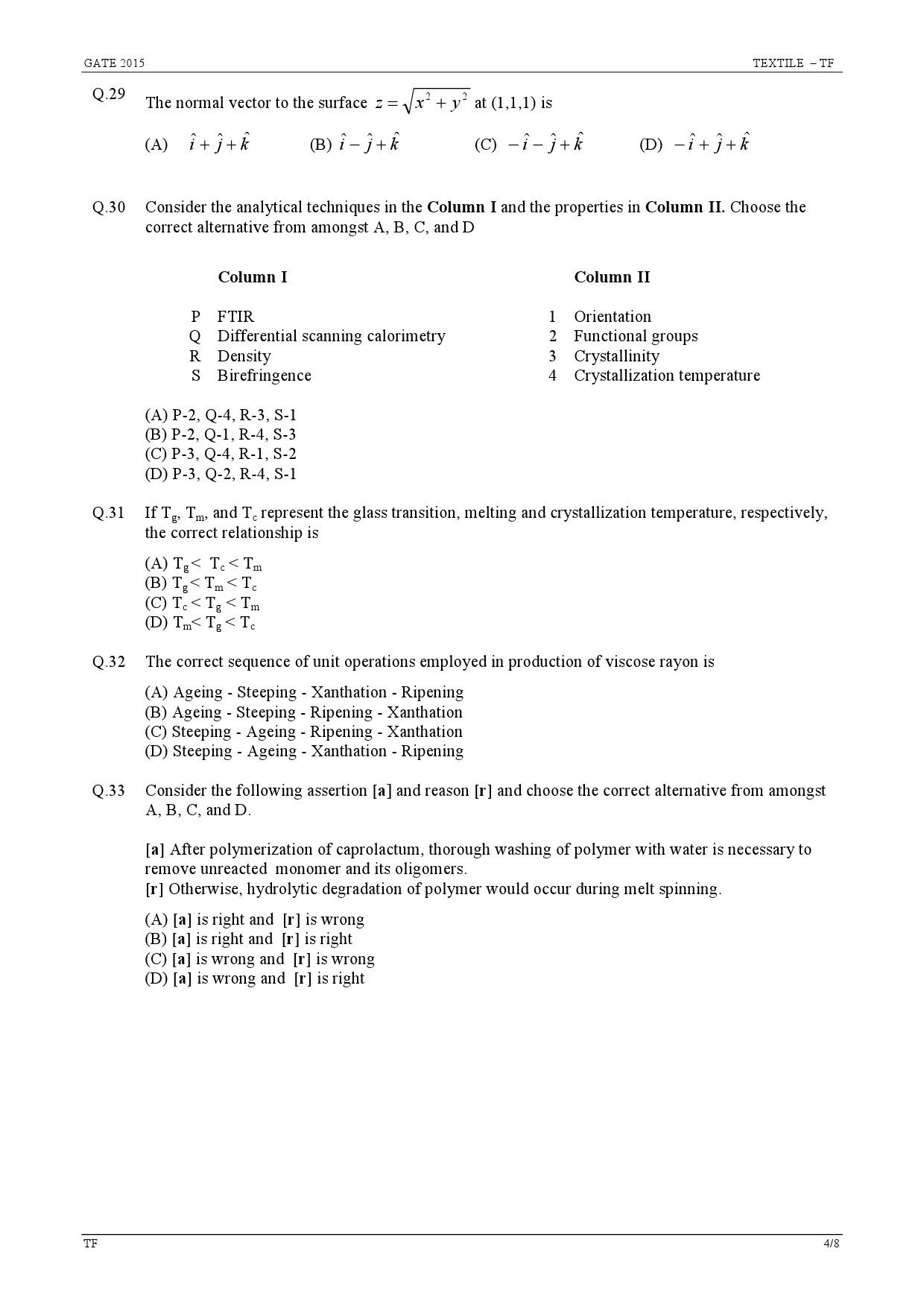 GATE Exam Question Paper 2015 Textile Engineering and Fibre Science 4