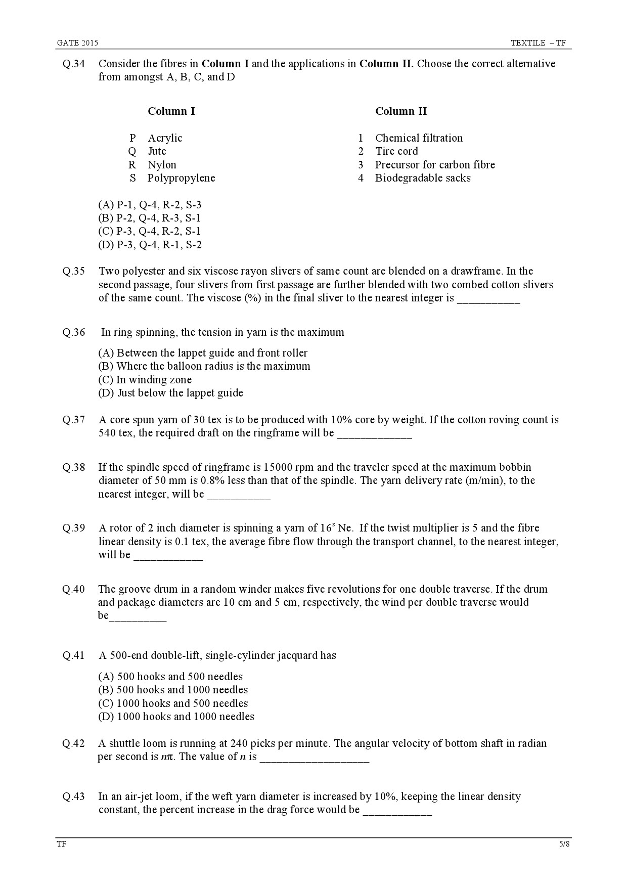 GATE Exam Question Paper 2015 Textile Engineering and Fibre Science 5