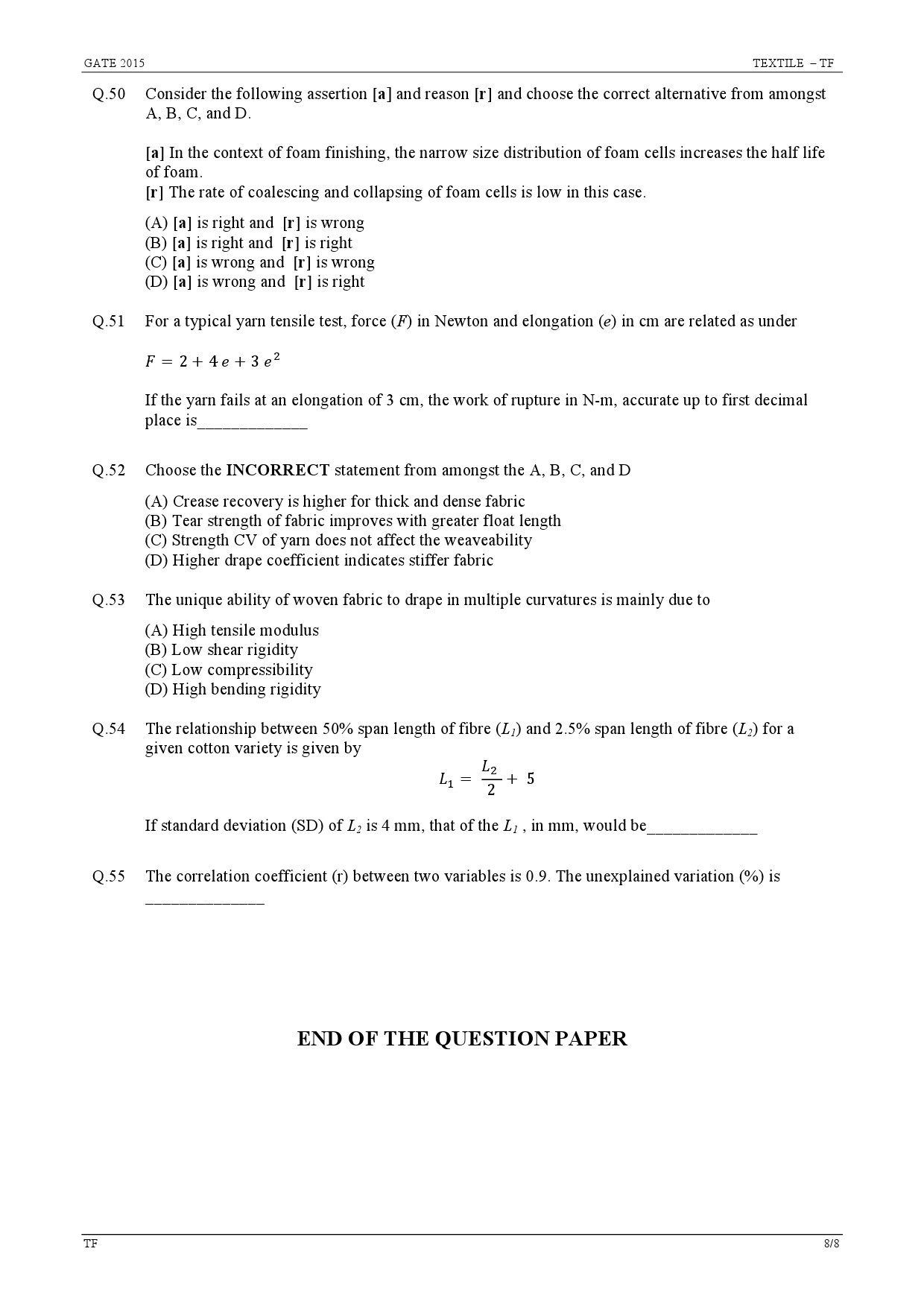 GATE Exam Question Paper 2015 Textile Engineering and Fibre Science 8