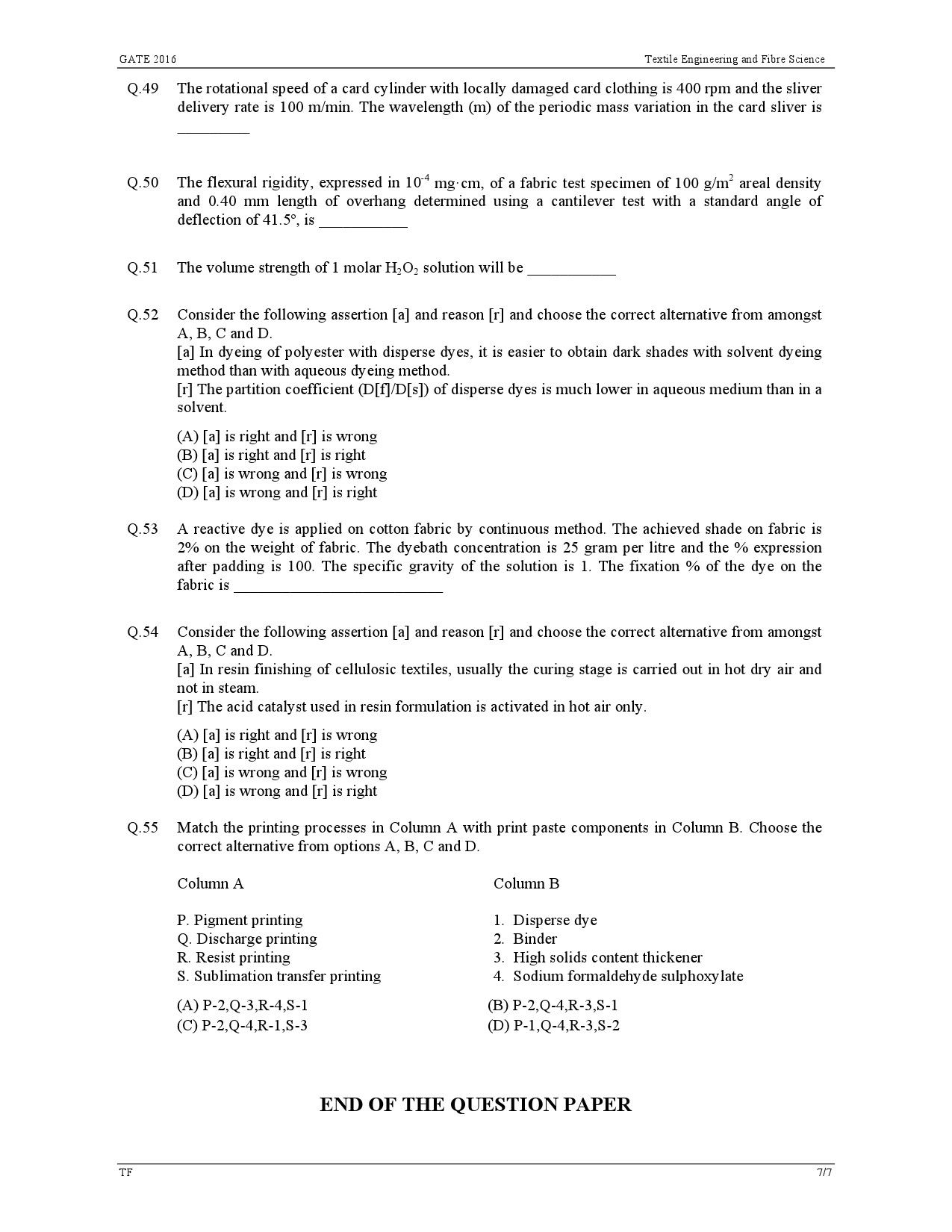 GATE Exam Question Paper 2016 Textile Engineering and Fibre Science 10
