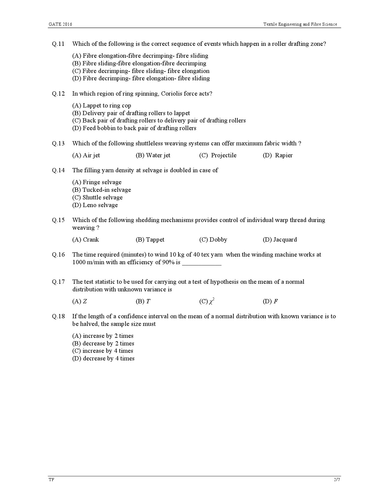 GATE Exam Question Paper 2016 Textile Engineering and Fibre Science 5