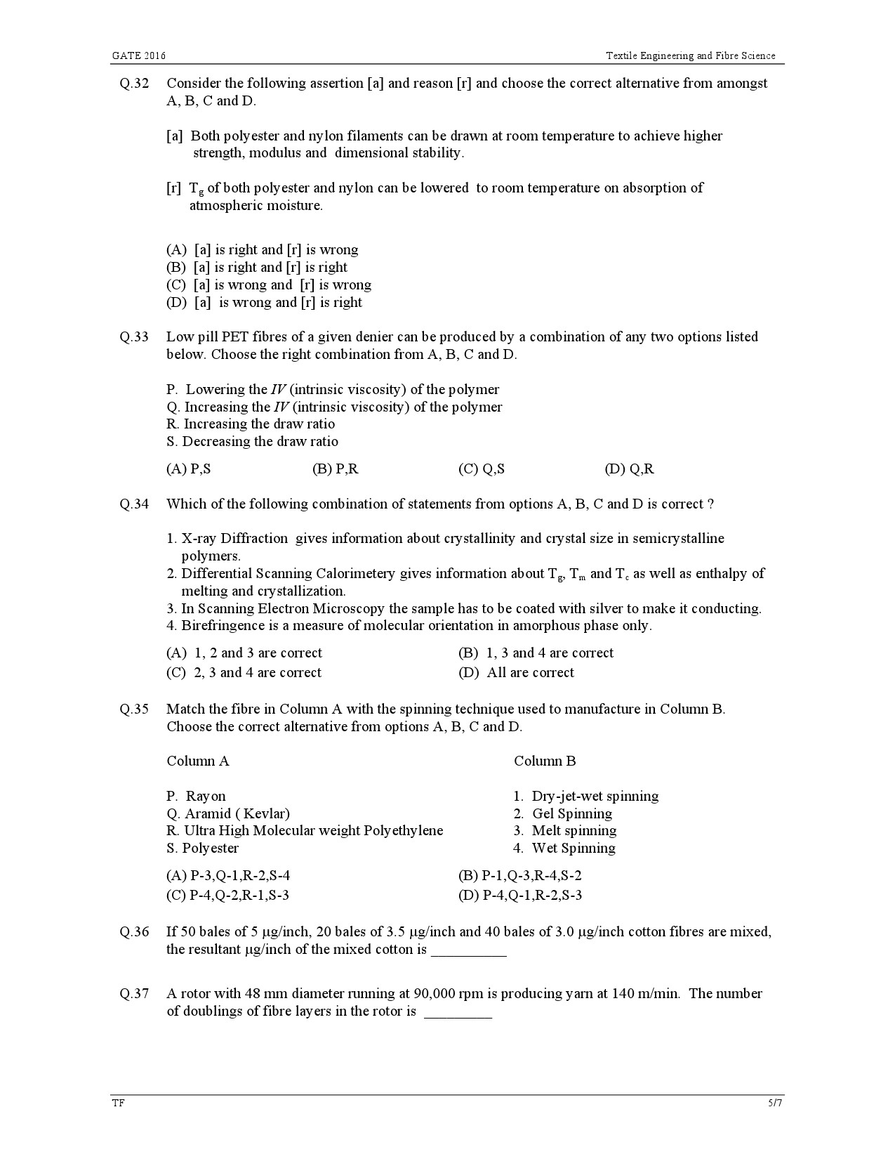 GATE Exam Question Paper 2016 Textile Engineering and Fibre Science 8