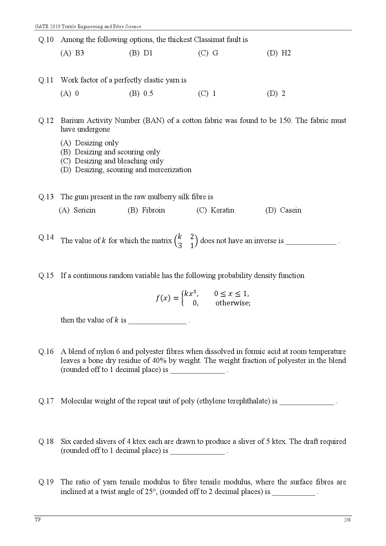 GATE Exam Question Paper 2019 Textile Engineering and Fibre Science 5