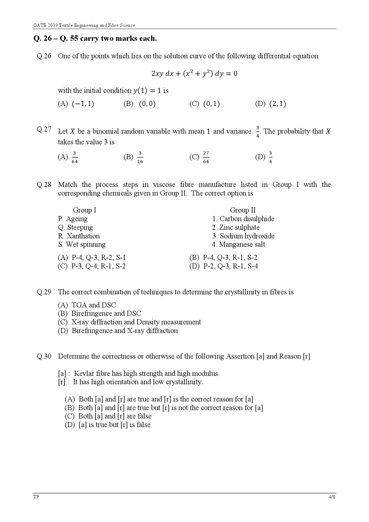 GATE Exam Question Paper 2019 Textile Engineering and Fibre Science 7