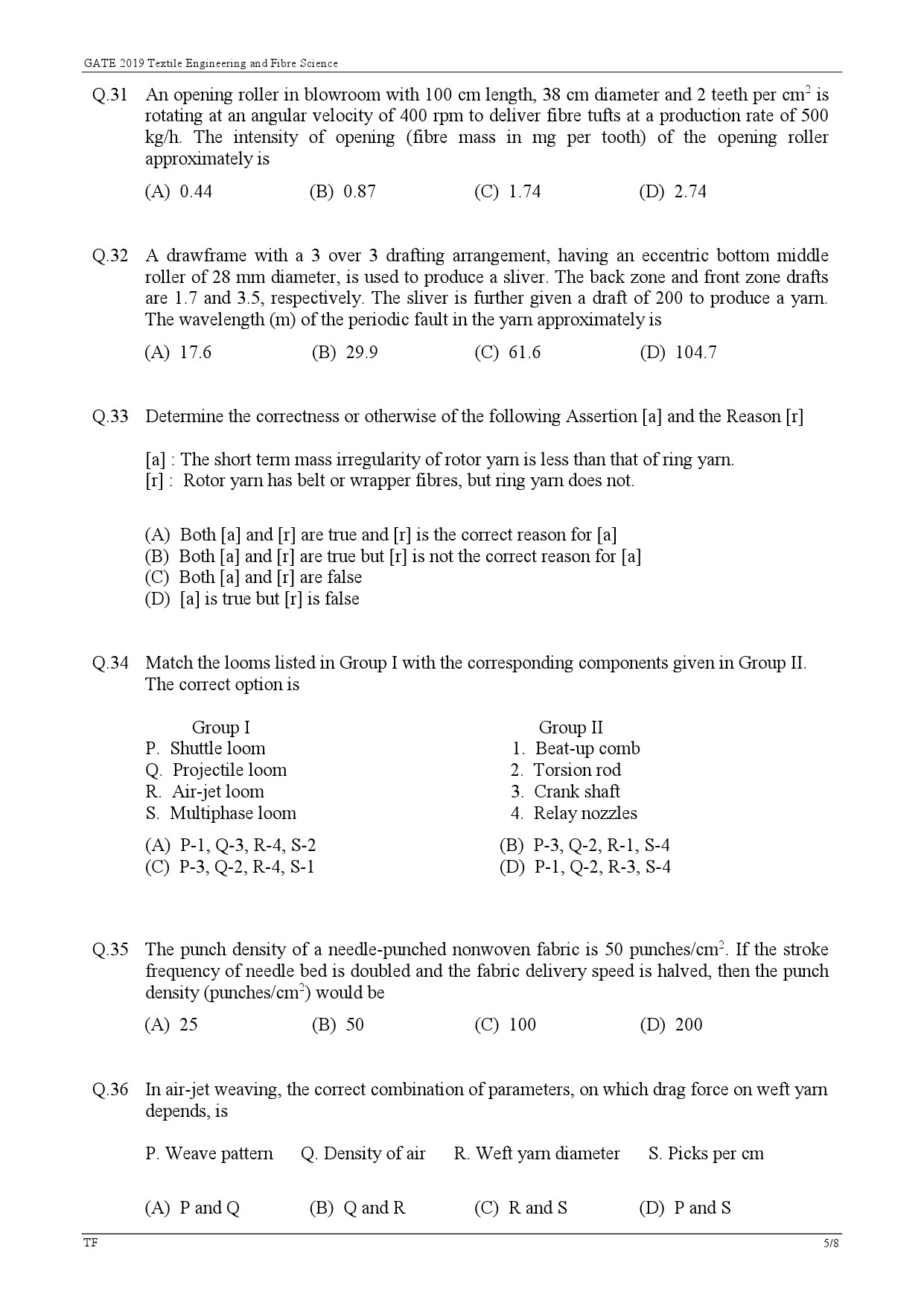 GATE Exam Question Paper 2019 Textile Engineering and Fibre Science 8