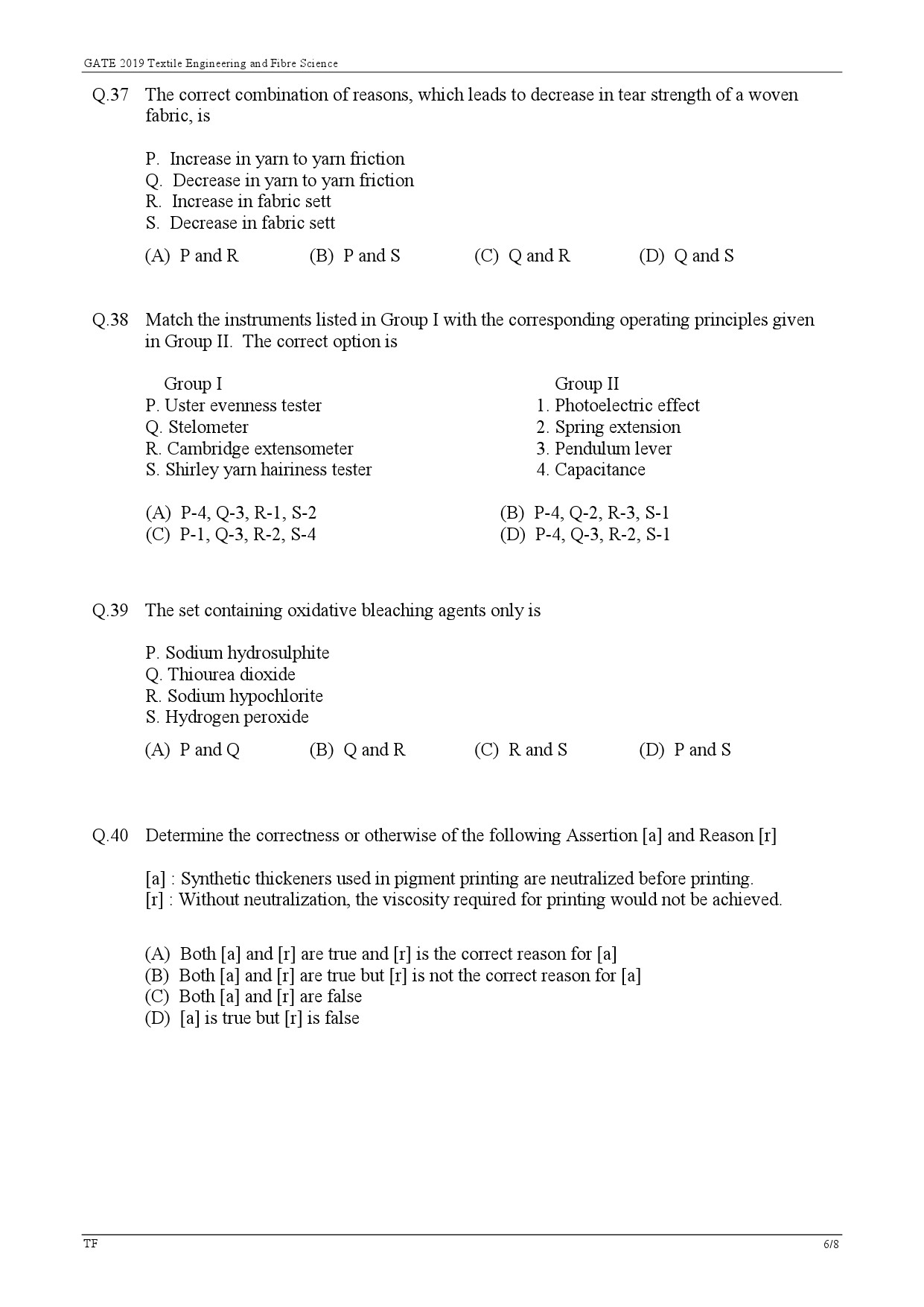 GATE Exam Question Paper 2019 Textile Engineering and Fibre Science 9