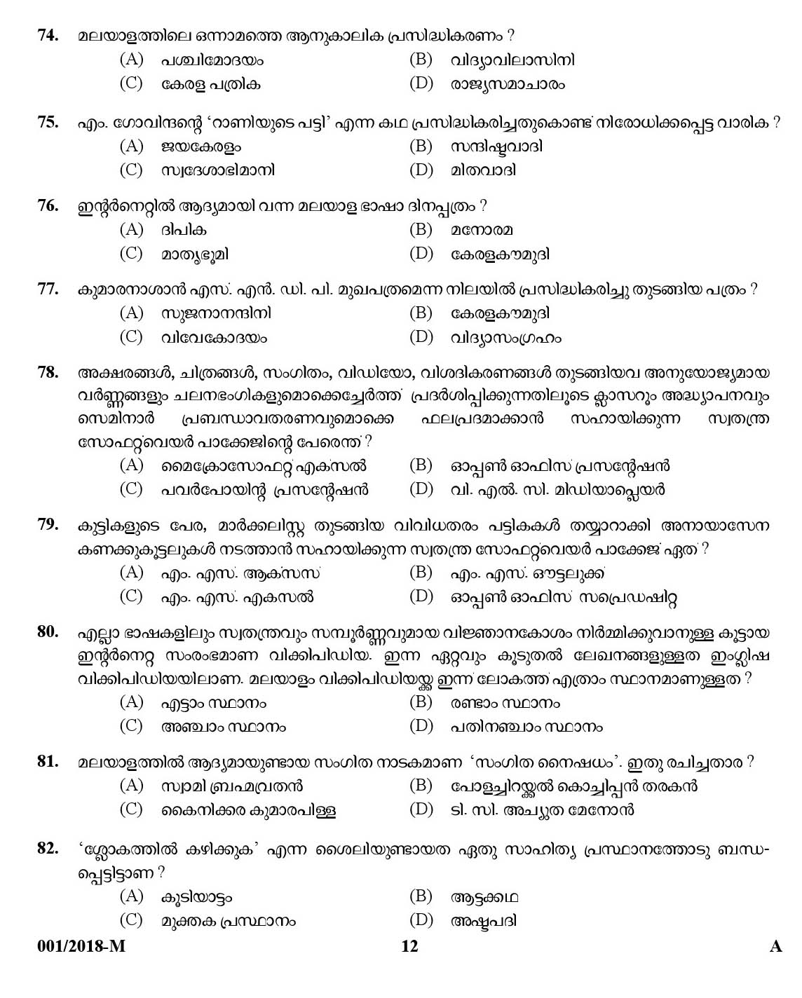 Kerala PSC High School Assistant Malayalam Question Code 0012018 M 11