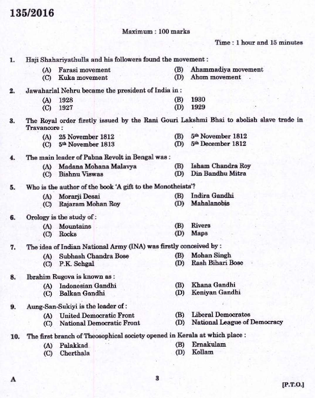 Kerala PSC High School Assistant Natural Science Question Code 1352016 1
