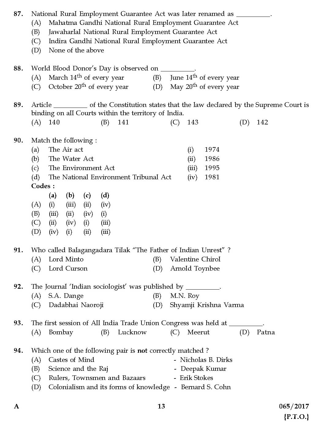 KPSC Higher Secondary School Teacher Exam Question 0652017 12