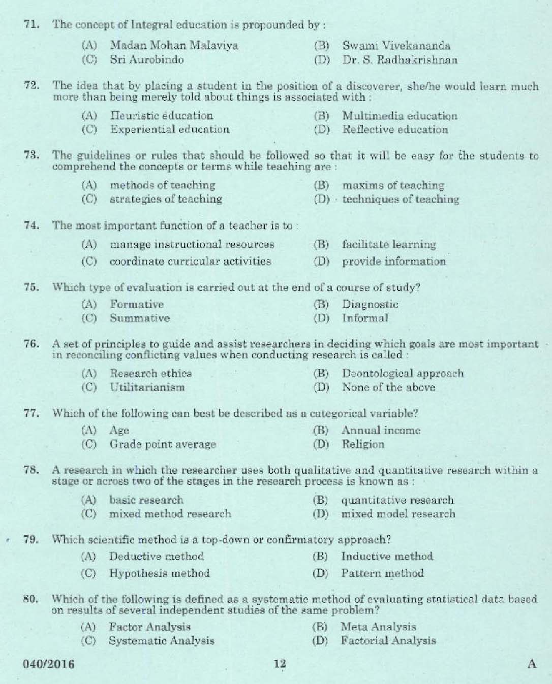 KPSC Higher Secondary School Teacher Exam Question 402016 10