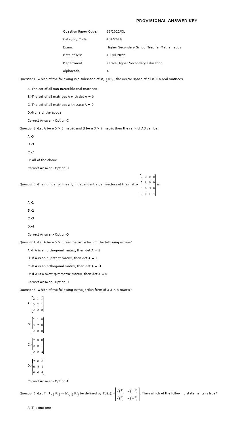 KPSC Higher Secondary School Teacher Mathematics Exam 2022 Code 662022OL 1