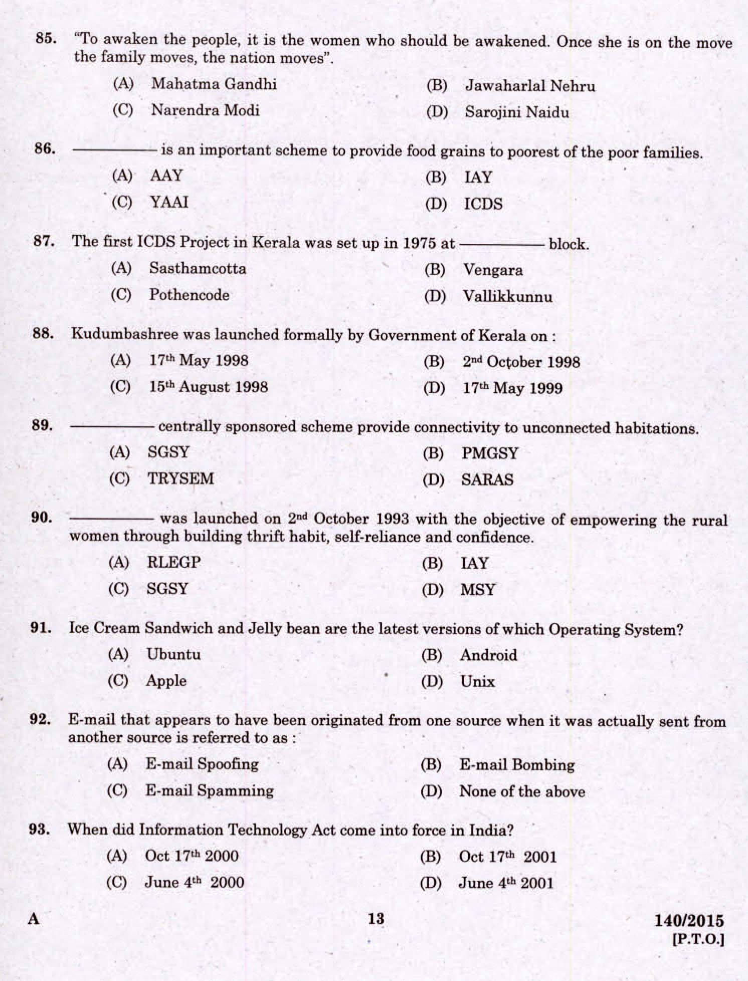 Kerala PSC Assistant Grade II Exam 2015 Question Paper Code 1402015 11