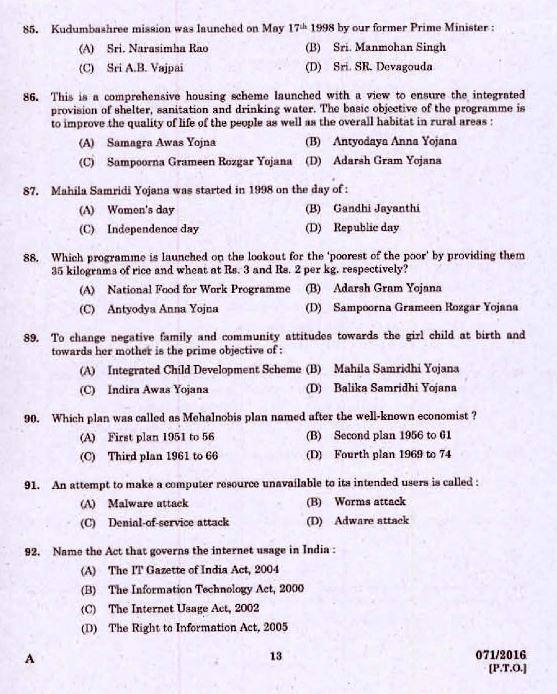 Kerala PSC Assistant Universities of Kerala Exam 2016 Question Paper Code 0712016 11