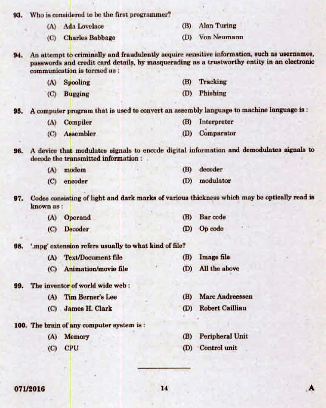 Kerala PSC Assistant Universities of Kerala Exam 2016 Question Paper Code 0712016 12