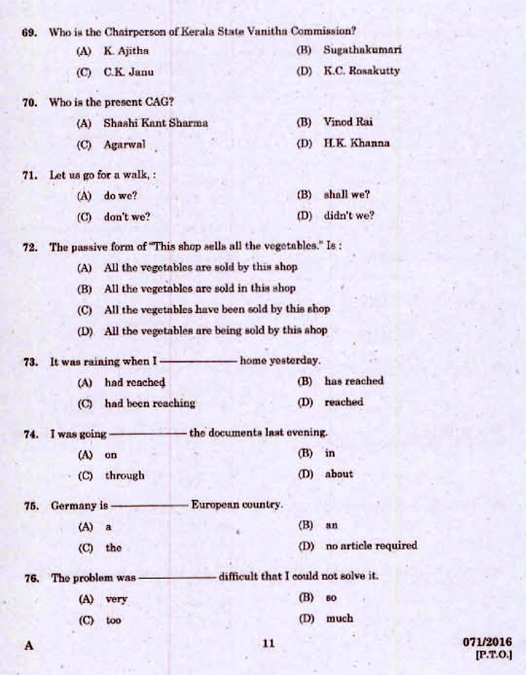 Kerala PSC Assistant Universities of Kerala Exam 2016 Question Paper Code 0712016 9