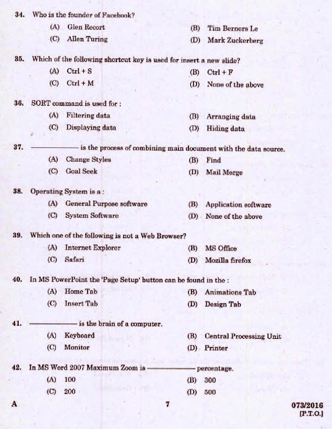 Kerala PSC Computer Assistant Grade II Exam 2016 Question Paper Code 0732016 5