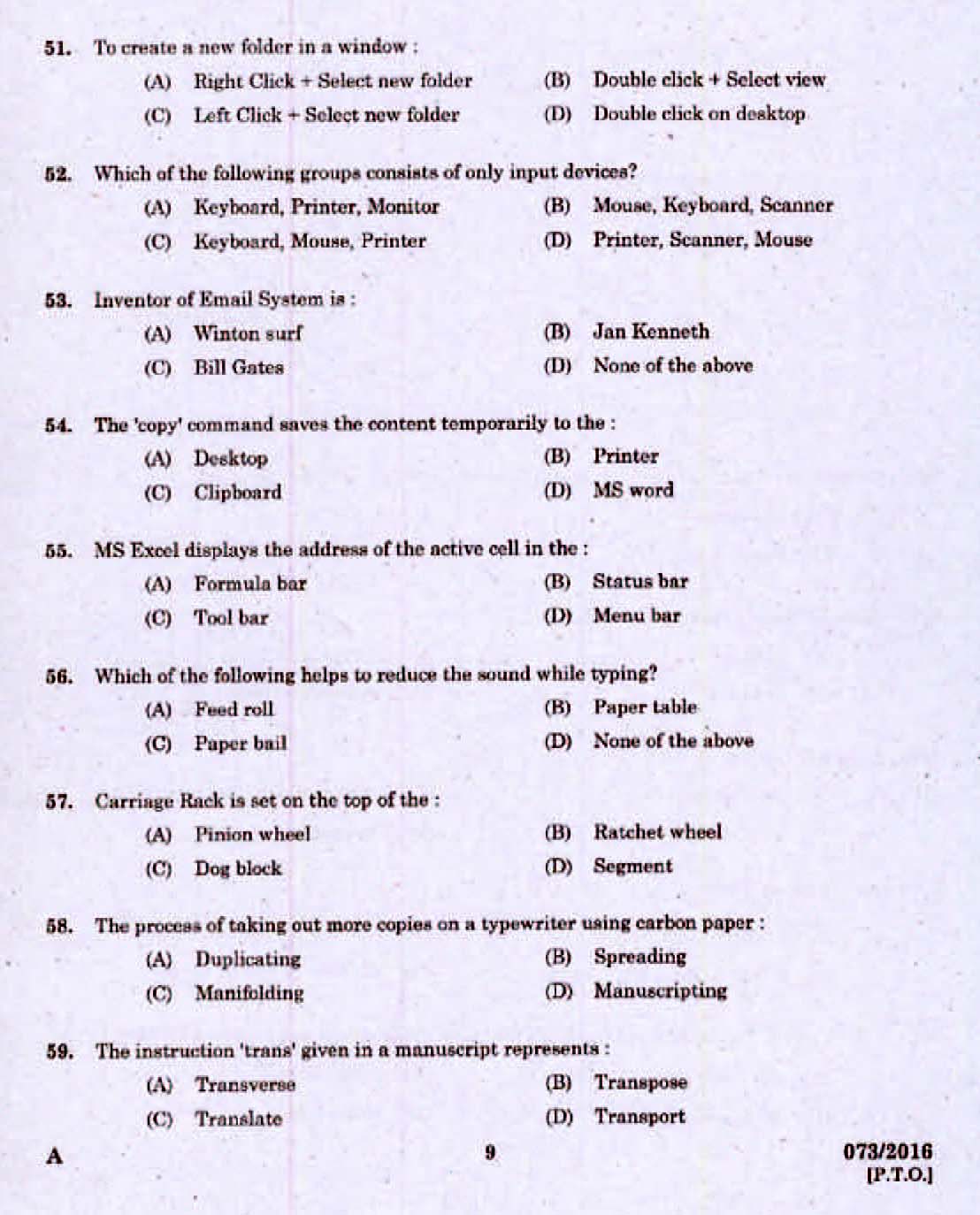 Kerala PSC Computer Assistant Grade II Exam 2016 Question Paper Code 0732016 7