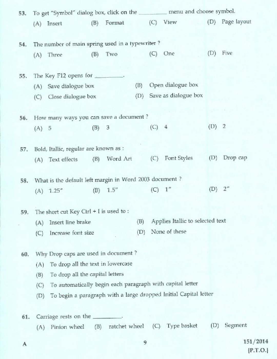 Kerala PSC Confidential Assistant Grade II Exam 2014 Question Paper Code 1512014 7
