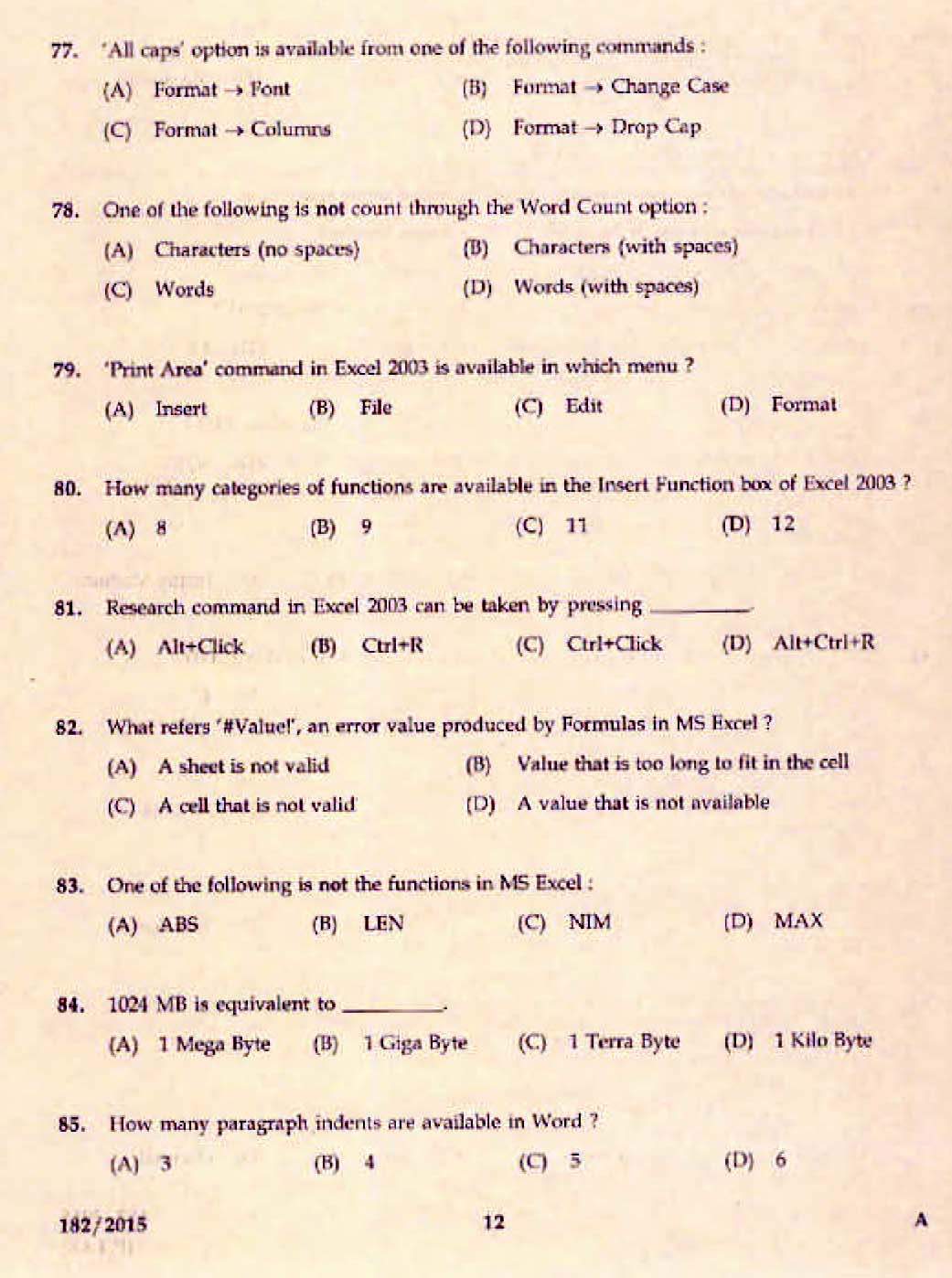 Kerala PSC Confidential Assistant Grade II Exam 2015 Question Paper Code 1822015 10