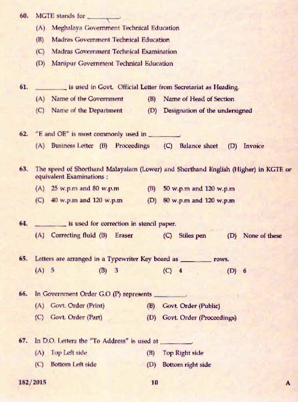 Kerala PSC Confidential Assistant Grade II Exam 2015 Question Paper Code 1822015 8
