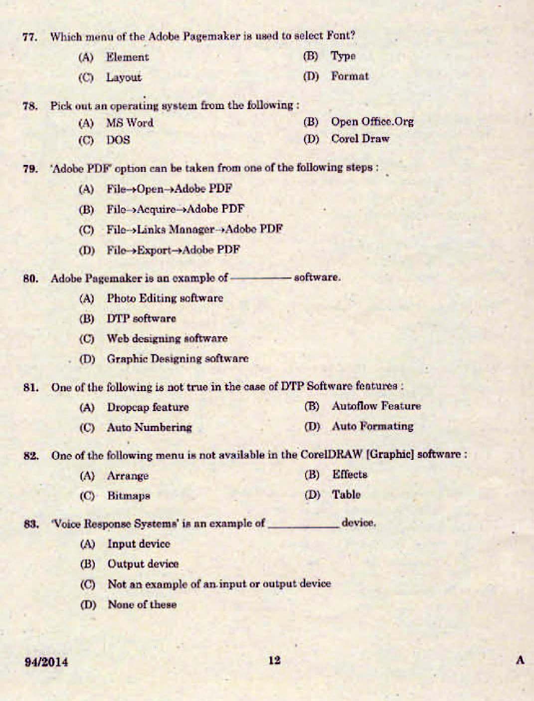 Kerala PSC Junior Assistant Exam 2014 Question Paper Code 942014 10