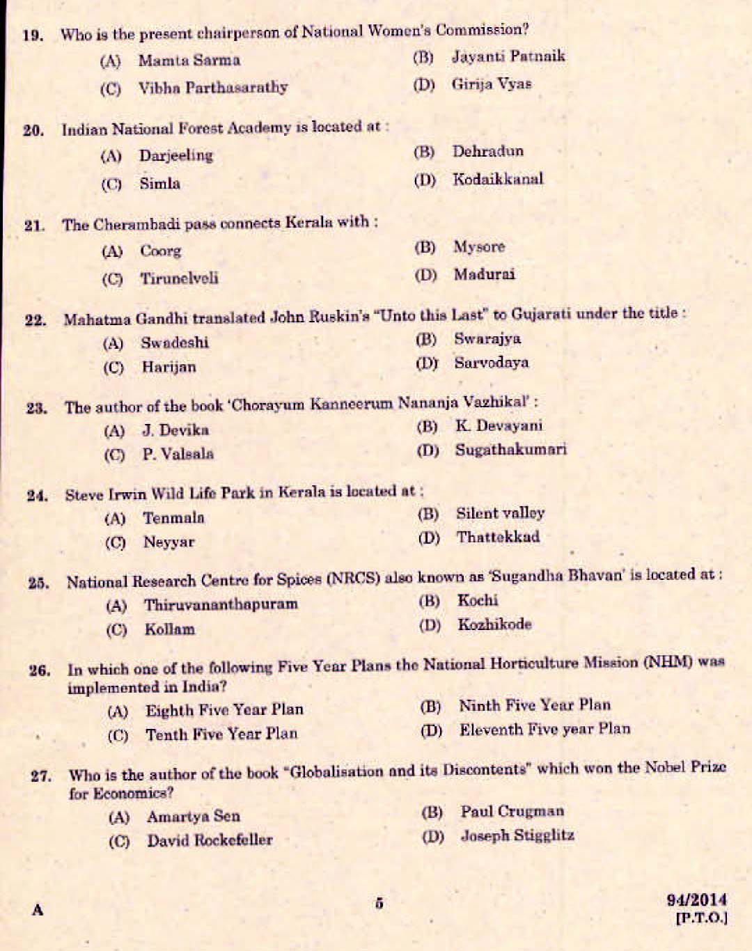Kerala PSC Junior Assistant Exam 2014 Question Paper Code 942014 3
