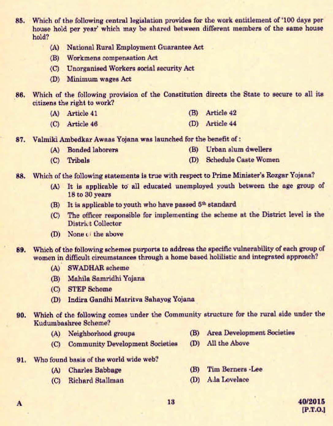 Kerala PSC Junior Assistant Exam 2015 Question Paper Code 402015 11