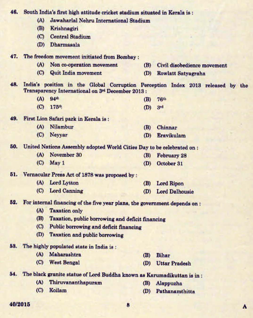 Kerala PSC Junior Assistant Exam 2015 Question Paper Code 402015 6