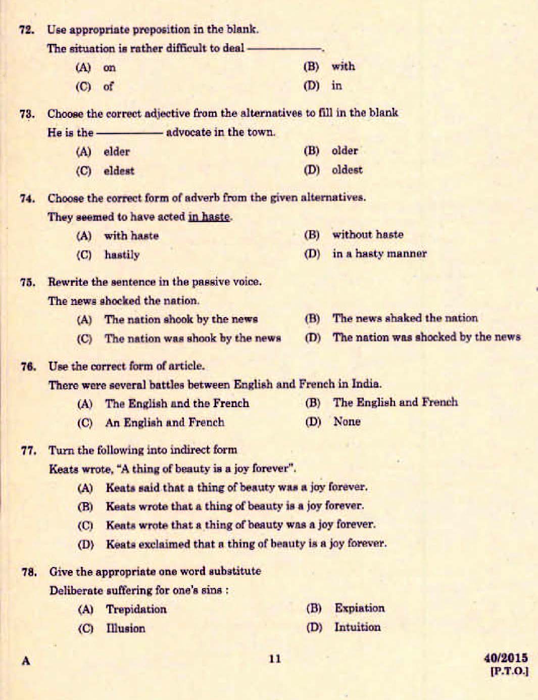 Kerala PSC Junior Assistant Exam 2015 Question Paper Code 402015 9