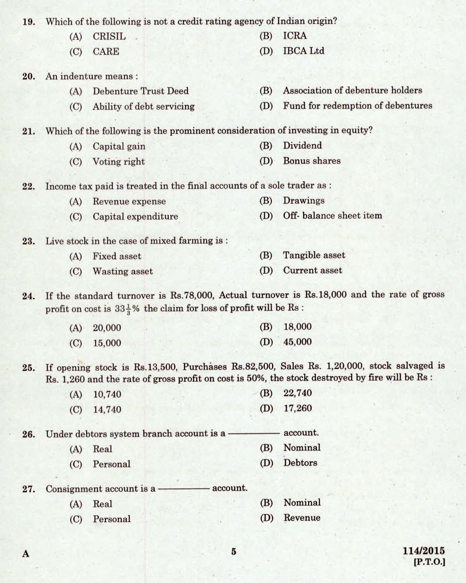 Kerala PSC Junior Costing Assistant Exam 2015 Question Paper Code 1142015 3