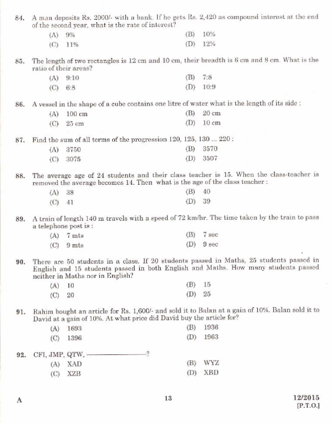 Kerala PSC Laboratory Assistant Exam 2015 Question Paper Code 122015 11