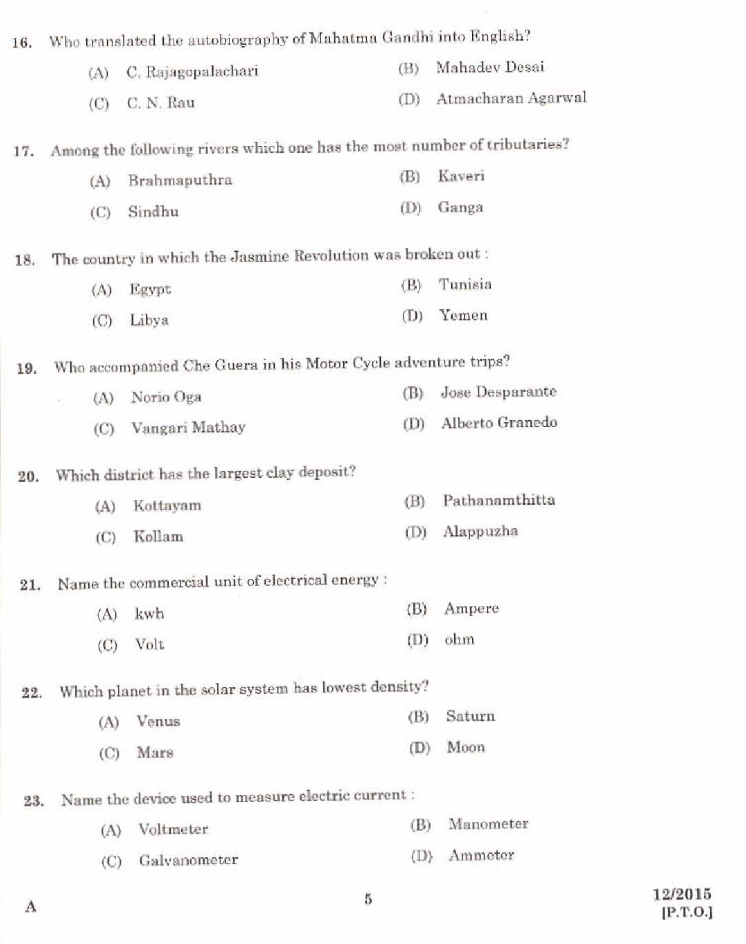 Kerala PSC Laboratory Assistant Exam 2015 Question Paper Code 122015 3