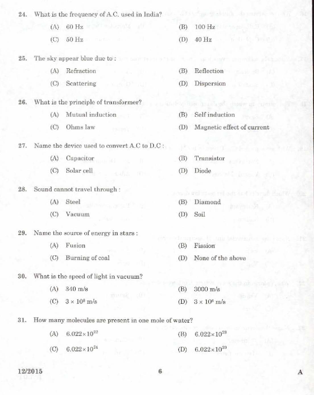 Kerala PSC Laboratory Assistant Exam 2015 Question Paper Code 122015 4